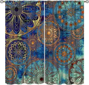 Mystic Mandala Curtains for Home Decor, Vintage Abstract Magic Art Golden Blue Pattern Window Treatments, Rod Pocket Thermal Insulation Drapes for Living Room Bathroom, 42x45in