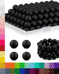 150PCS FIVEIZERO Silicone Beads for Keychain Making – 15mm Bulk Rubber Beads for DIY Crafts, Bracelets, Necklaces, and Pens (Black)