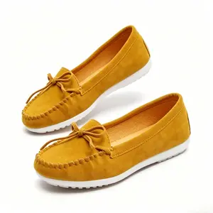Women's Yellow Suede Bow Moccasin Loafers, Comfortable Slip-On Flats, Non-Slip White Sole Driving Shoes, Casual Work & Daily Wear, Lightweight Soft Round Toe Boat Shoes for All-Day Comfort