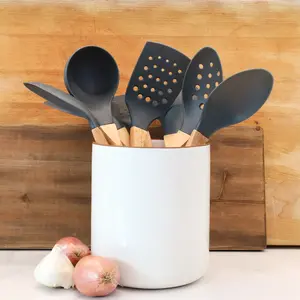 Beille Assorted Styles Dark Grey Nylon and Wood Kitchen Utensils Set for Cooking and Serving