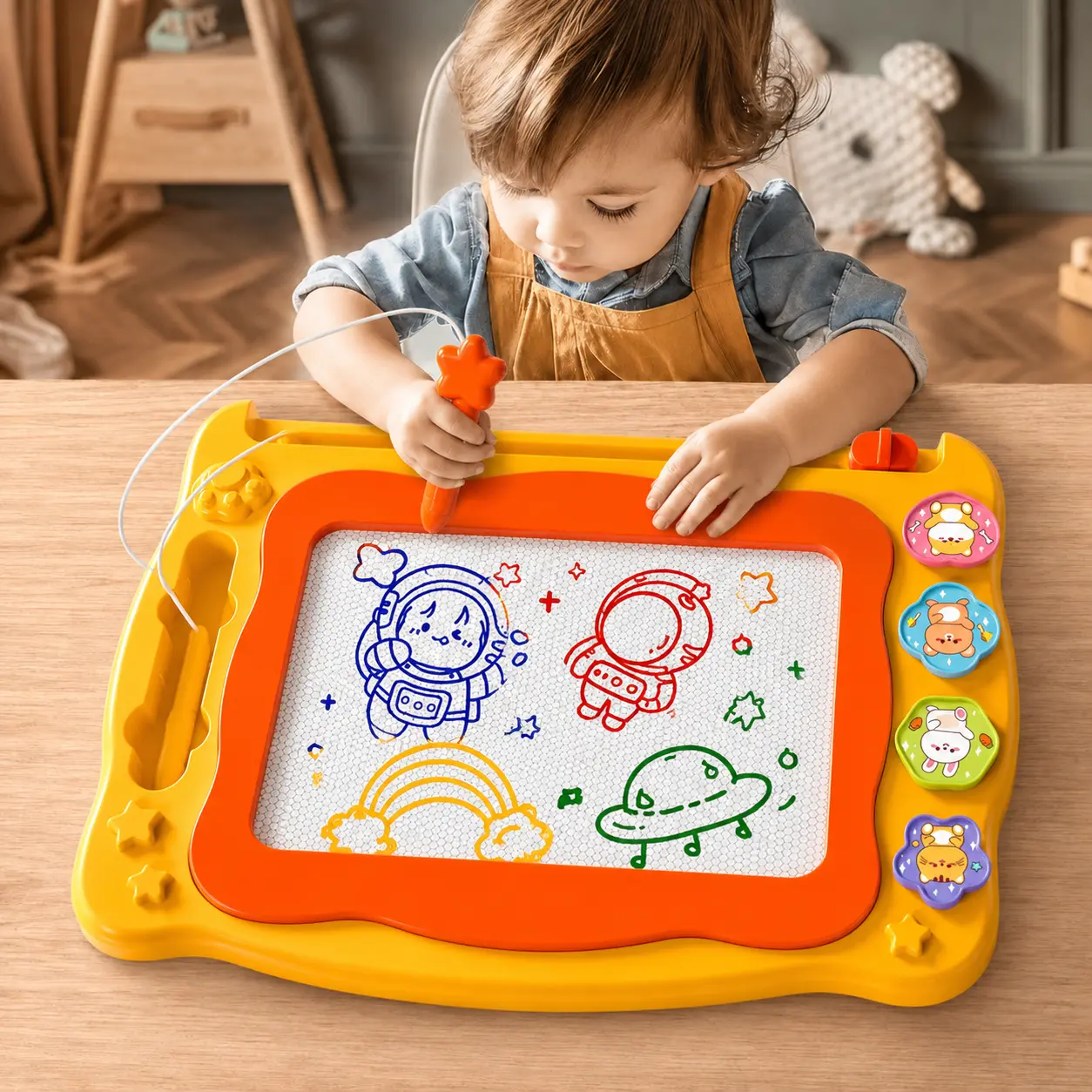 Complete children’s magnetic doodle drawing board set that wipes clean with one touch, includes dedicated drawing stamps and colored writing pens, the drawing boards can be reused without consumables, Lightweight and portable, designed for toddlers aged 3