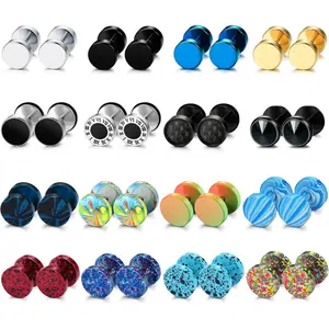 MILACOLATO 16-Pair Stainless Steel Fake Gauge Stud & Drop Earrings for Men, Female, Metal Coating Cheater Ear Plugs, Faux Gauge Ear Tunnels