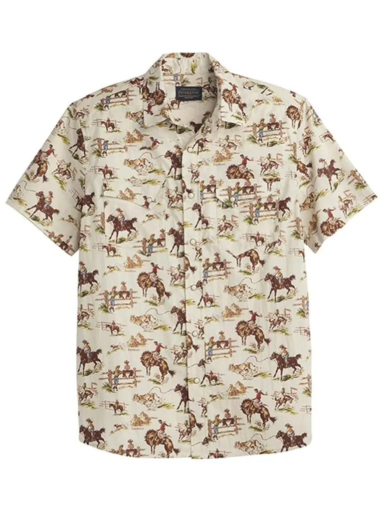 Pendleton Men's Classic Cotton Short-Sleeve Laramie Casual Shirt - Menswear Top with Wild Horse Print, Ecru Color