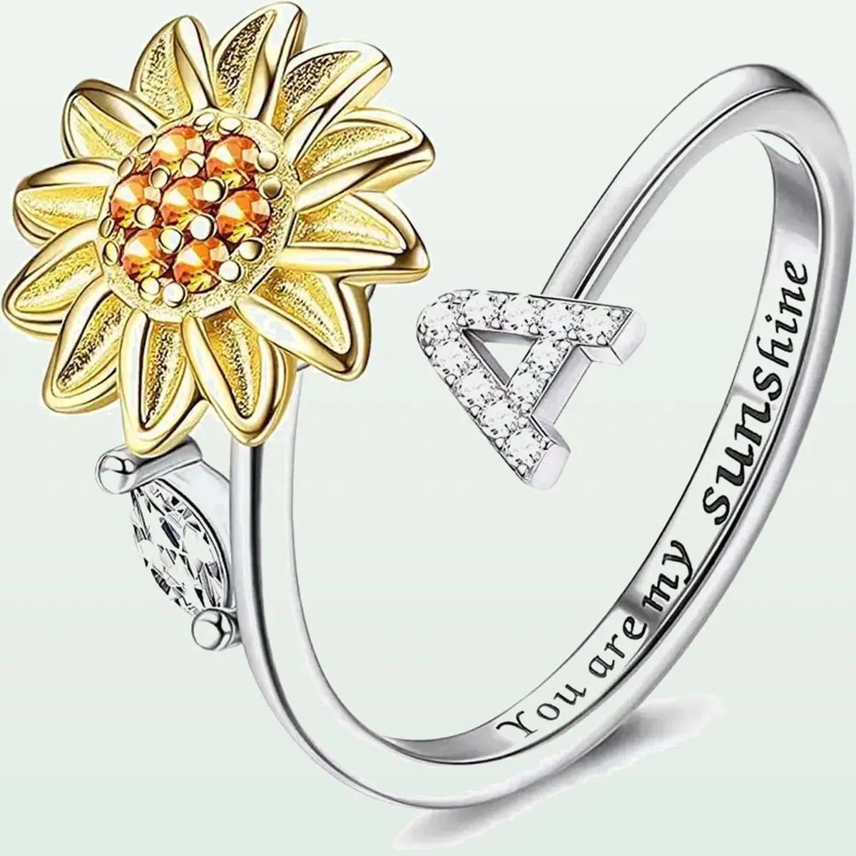 “You Are My Sunshine” Sunflower Spinner Ring, Personalized A–Z Initial Adjustable Ring, Meaningful Gift Jewelry