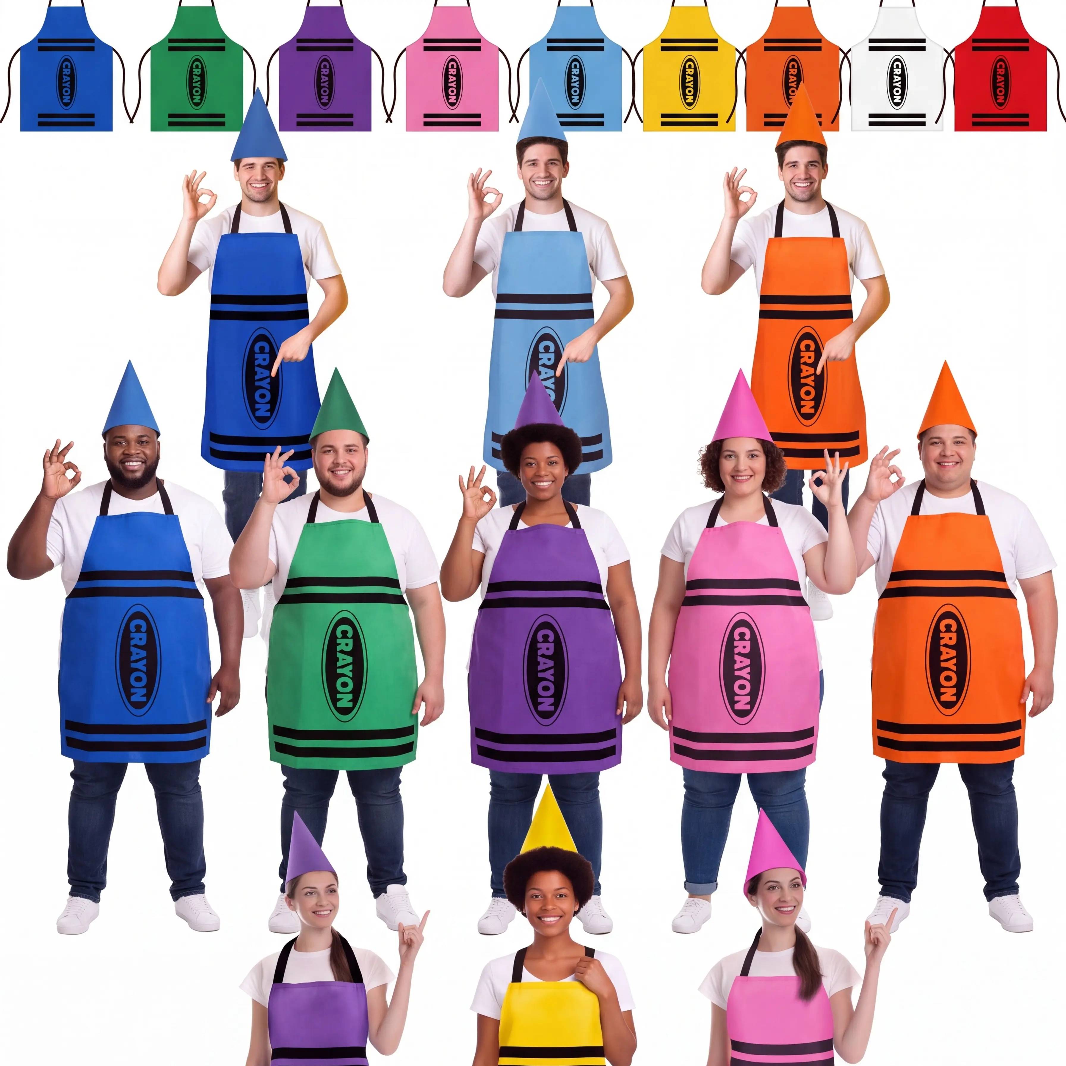 Halloween Group Crayon Costume for Adults, Rainbow Crayon Apron and Cone Hat Set, Matching Team Costume for Teachers, School Staff, Office Teams, Classroom Parties, Spirit Week, Team Events and Dress Up Celebrations