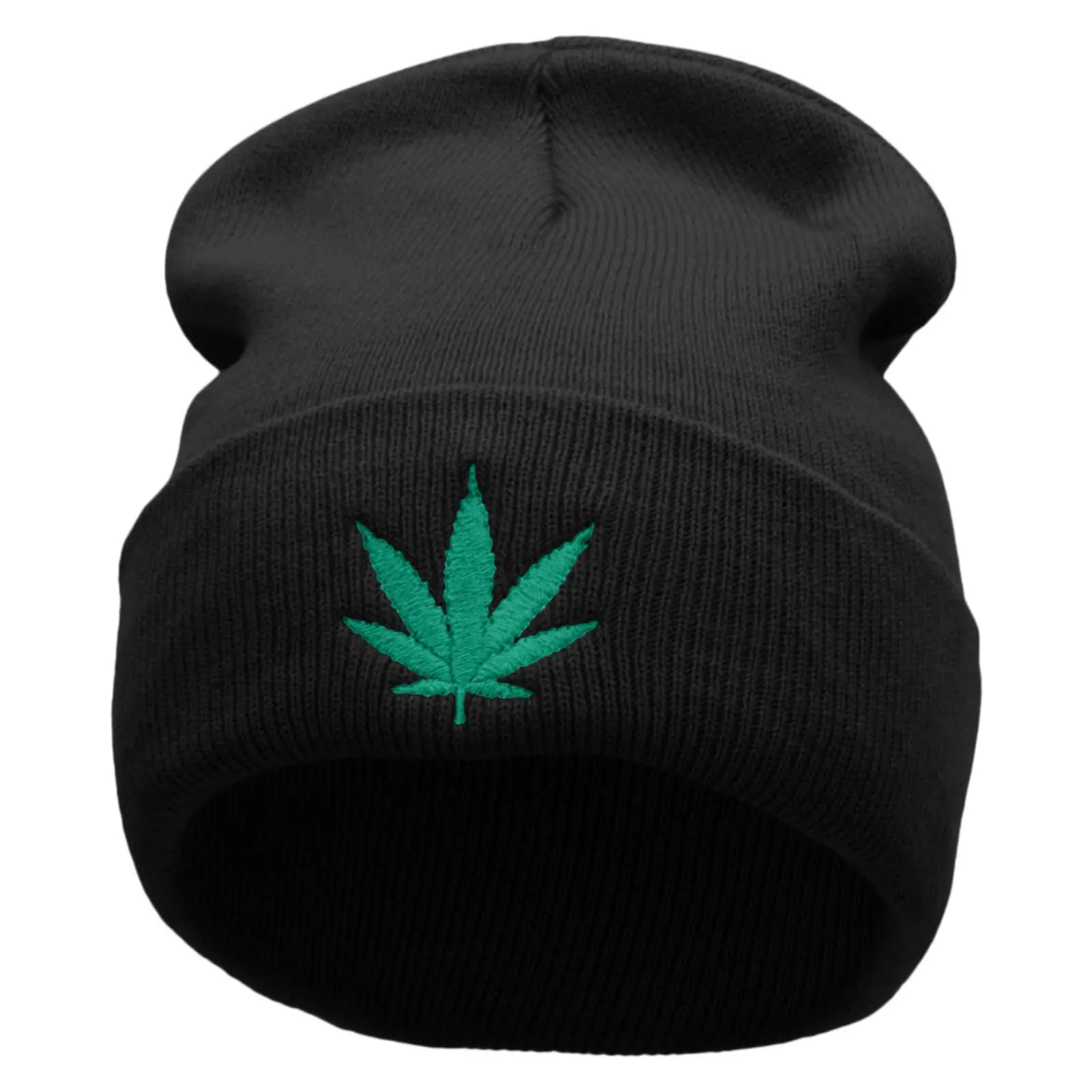 Marijuana Leaf Embroidered 12 inch Acrylic Cuffed Long Beanie