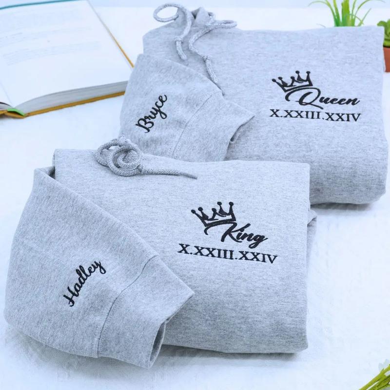 Custom King and Queen Embroidered Hoodies – Personalized Roman Numeral Matching Hoodies for Couple Gift, or Anniversary, Valentine Day