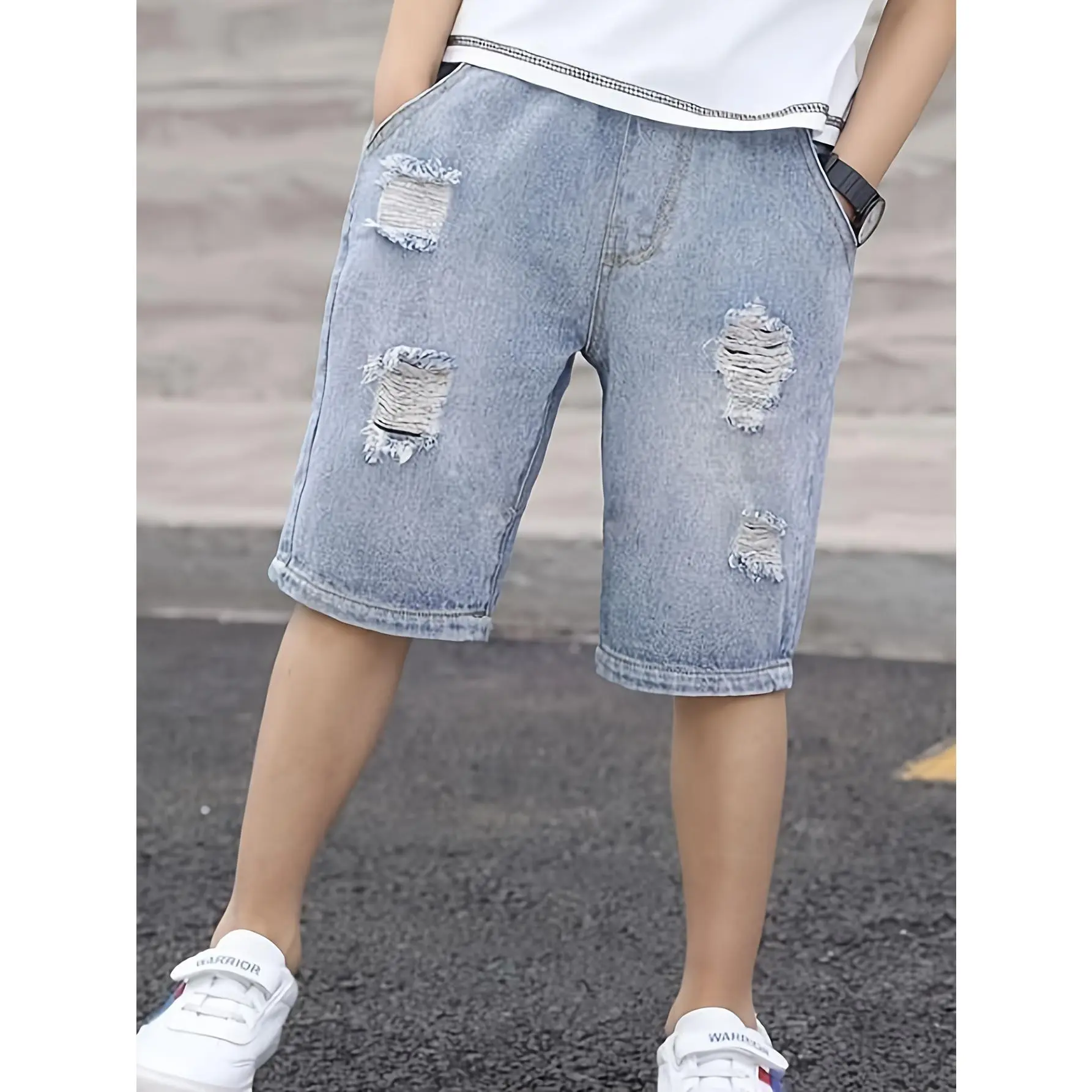 Boys' Summer Ripped Denim Shorts, Mid Waist Stylish Bottoms for 4-5y, 11-12 Years, 13-14y, Made with 4% Other Fibers