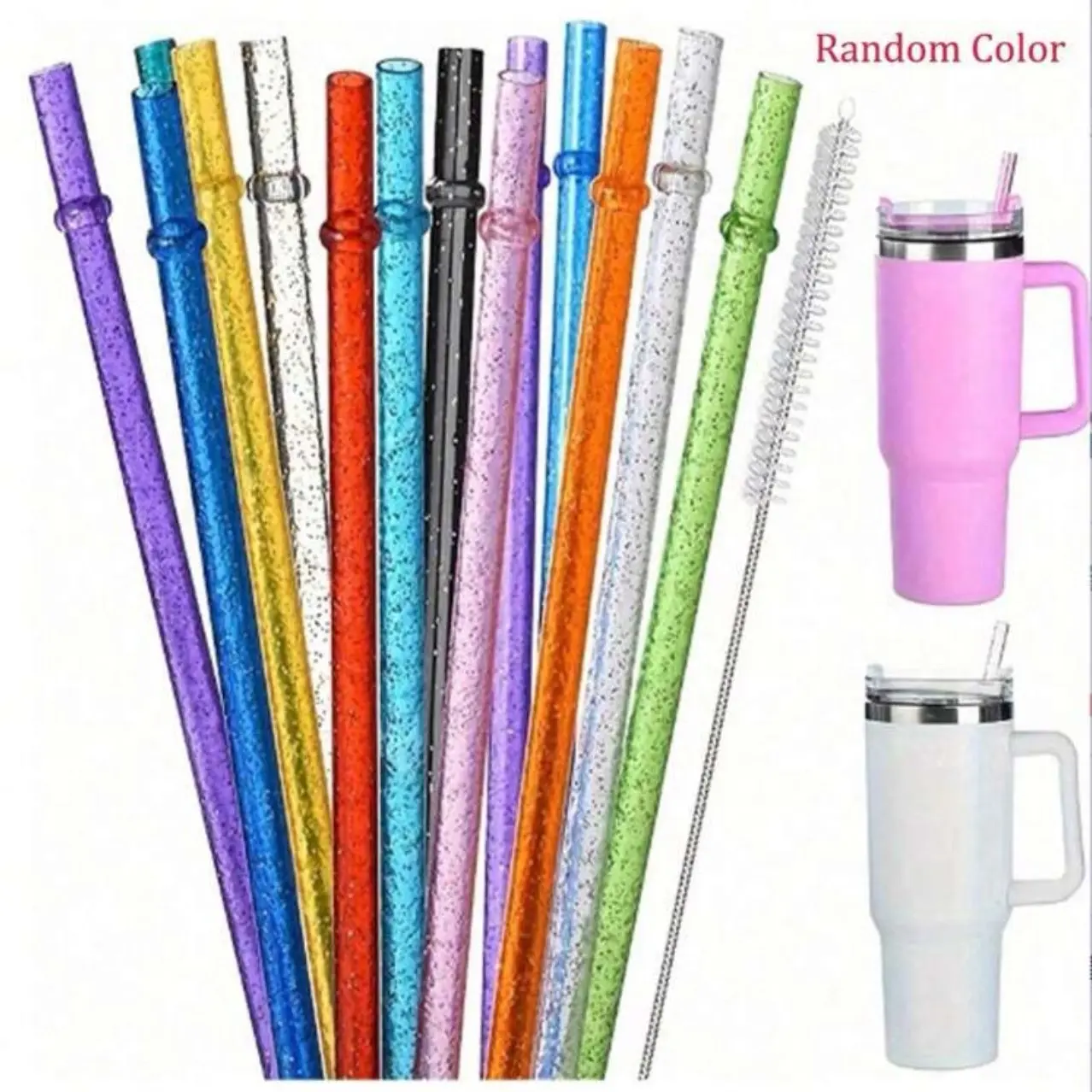 24pcs Glitter Plastic Straws with Multiple Color Options and Cleaning Brush for Fits 24oz-30oz Mason Jars