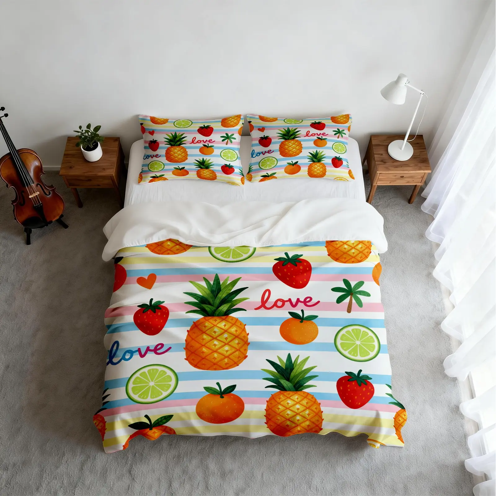 2/3PCS Tropical Cartoon Fruit Print Duvet Cover Set, Cute & Fun Home Decor, Zipper Closure Easy to Remove, Ideal Housewarming Birthday Christmas Gift, Filler Not Included