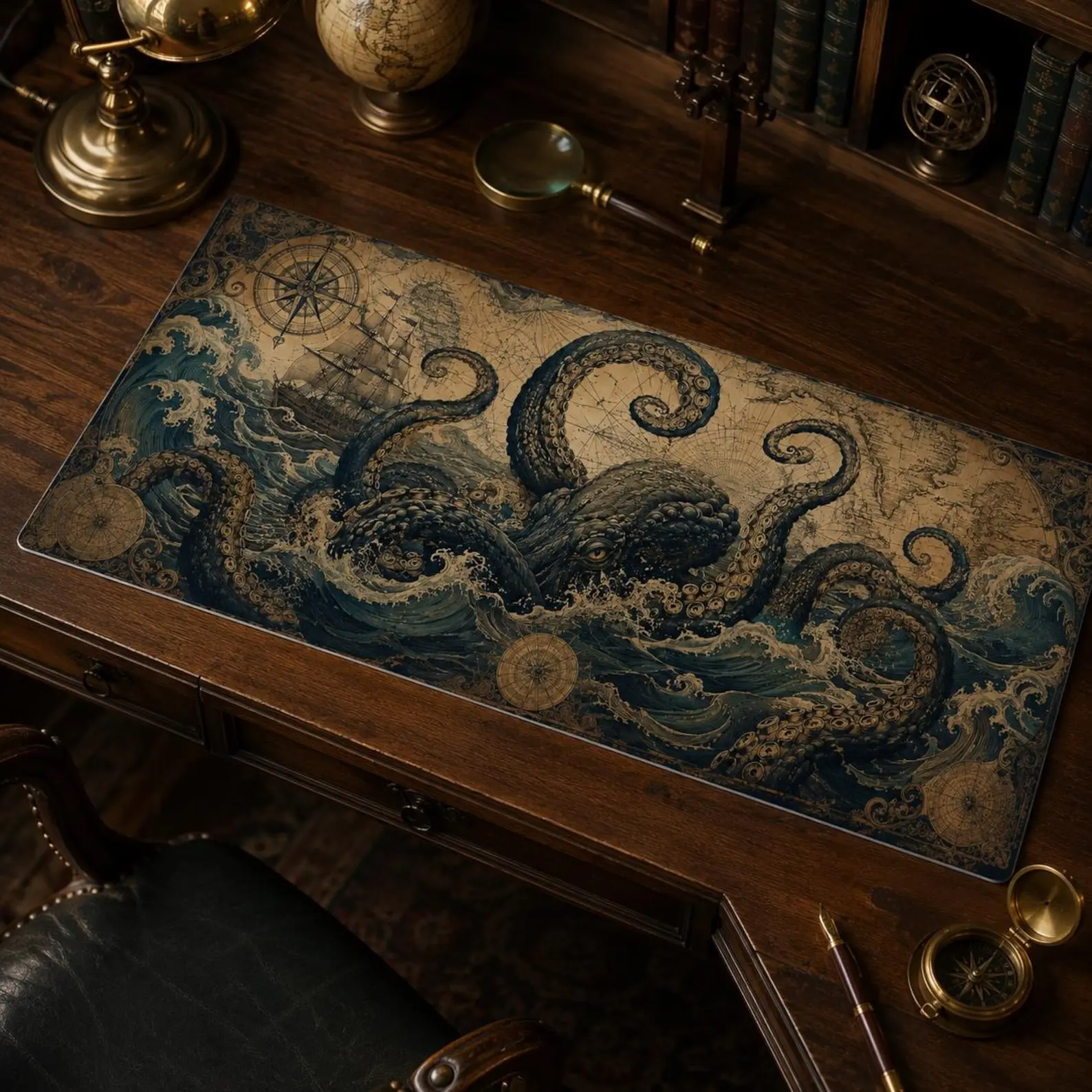 Vegan Leather Desk Mat, Vintage Kraken Map Mouse Pad, Nautical Octopus Keyboard Pad, Antique Ocean Decor, Steampunk Gamer Gift for Him