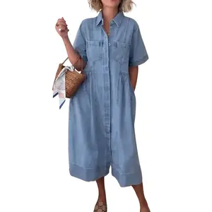 Chouyatou Women’s Western Denim Shirt Dress Short Sleeve Midi Jean Dress Casual Business Dresses for Spring Summer