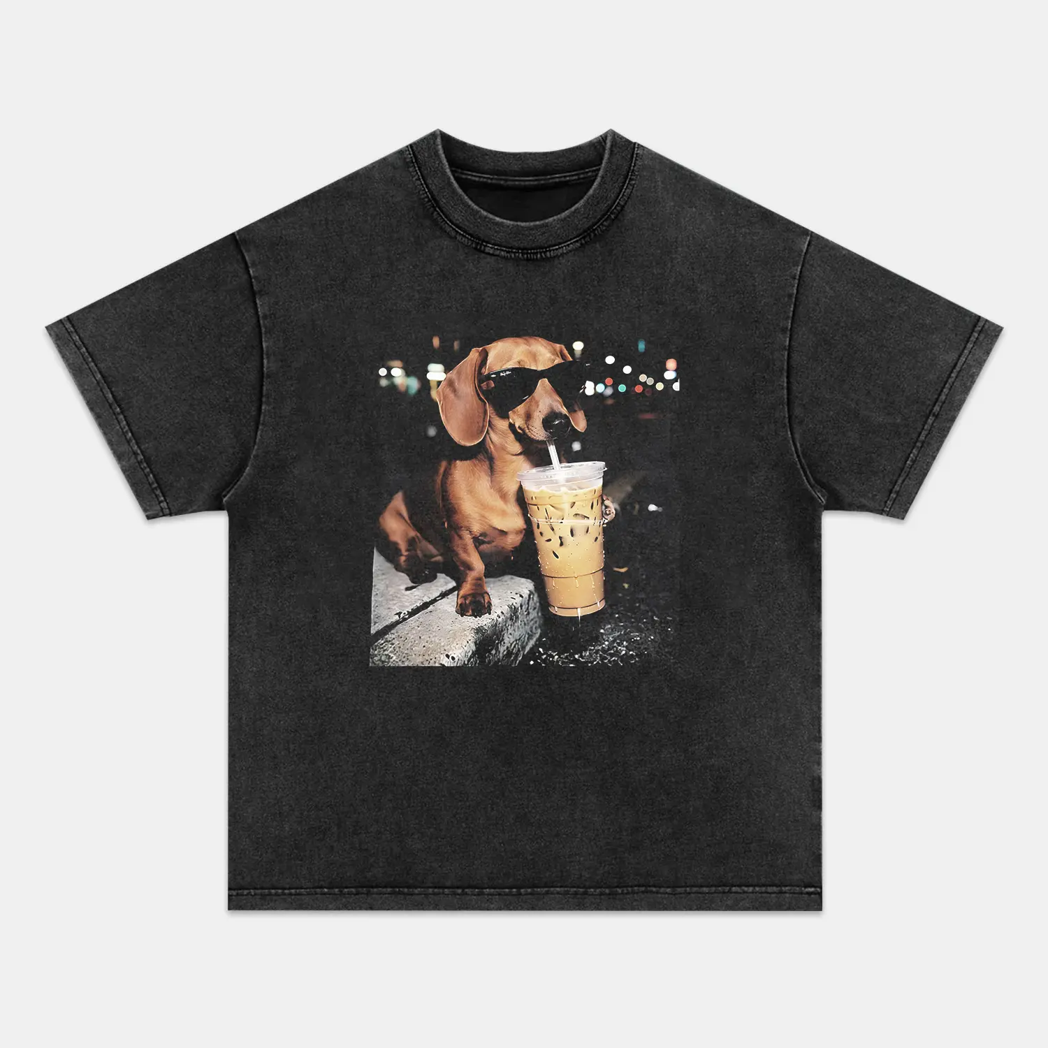Unisex Dachshund Iced Coffee Print Distressed Menswear Round Neck Shortleeve Cotton T-shirt - Vintage Regular Fit, Casual Comfortable Breathable, Streetwear Top 021004