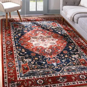 5×8 Feet Vintage Distressed Floral Print Red Rug, Cashmere-Look Machine Washable Carpet | Non-Slip Lint-Free for Living Room Bedroom Kitchen Floor Decor