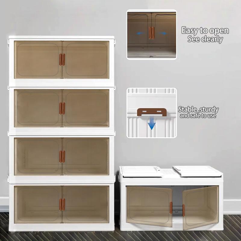 Stackable storage boxes with LIDS and wheels - plastic storage boxes, foldable storage boxes with doors, wardrobe organizers and home, office, kitchen, clothes storage cabinets, shoe box storage cabinets.