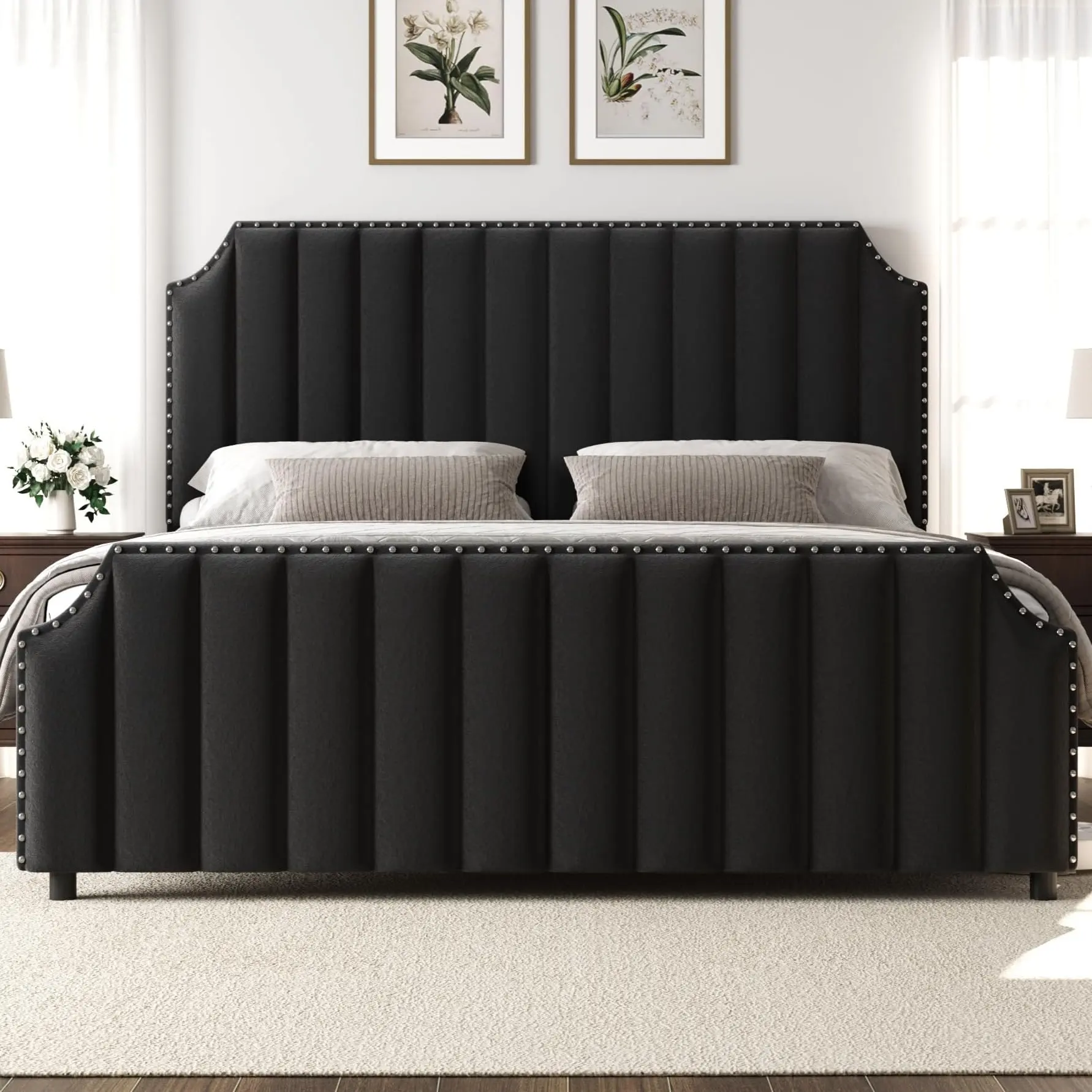 YJ-Garvee Queen Size Velvet Platform Bed Frame with 50.2 in Tall Tufted Headboard & Footboard, Nailhead Trim, No Box Spring Needed, Black Upholstered Bed Frame, Vertical Channel Design，Black