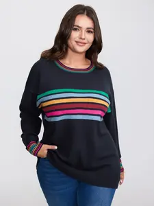 【Summer Turn-Up】【Essential】BlOOMCHIC Plus Size Supersoft Colorful Stripe Pullover Fitted Long Sleeve Round Neck Winter Leisure Casual Indigo Striped Medium Length Garment Modal Womenswear Sweatshirts Fabric Tops [1x-6x] 2026 Summer Pick for Mother's Day