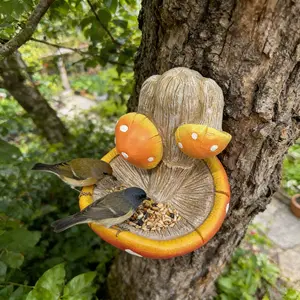 Resin Mushroom Bird Feeder Outdoor Garden Decor, Hanging Bird Feeder for Courtyard, Resin Mushroom Ornament for Garden Decoration