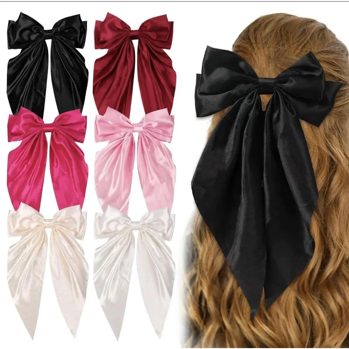 Silky Smooth 6 Large Cute Bow Set - Multi-color Hair Accessories Set, Comes with Comfortable Silky Bows and Large Hair Clips