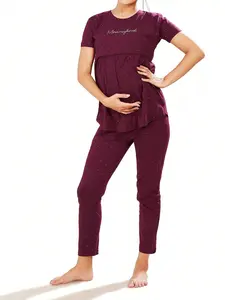 Spring & Fall Nursing Maternity Set, Round Neck Pullover Top, Letter and Dot Print Short Sleeve and Long Pants Two-Piece Set