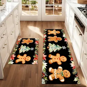 2Pcs Christmas And New Year Watercolor Printed Kitchen Rug Set Gingerbread Man Christmas Tree Mat Set Farmhouse Kitchen Carpet Restaurant Floor Laundry Room Decoration Carpet Mat Home Decorative Rug