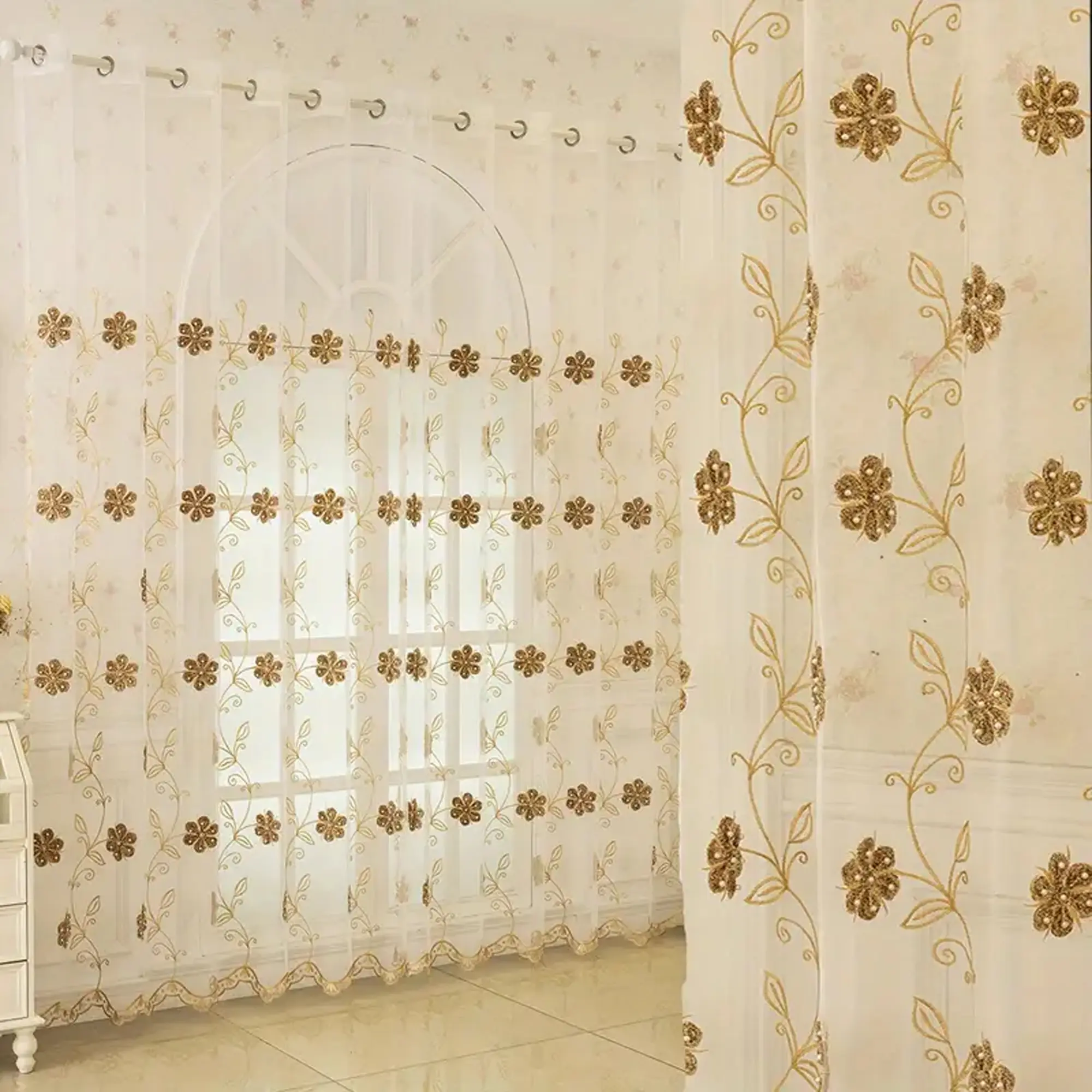 1pc 3D American Flower Beaded Embroidered Sheer Curtains, Casual Minimalist Drapes for Living Room & Bedroom Decoration