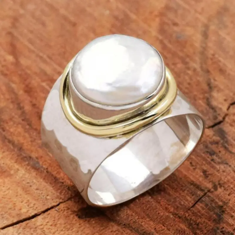 Vintage Silvery Imitation Pearl Ring Wide Ring for Women Hammered Ring Bicolor Ring Handmade Jewelry