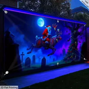 [ 2d Flat Printing]1pc Halloween Party Horror Santa Claus Skull- Ultra Large Size-glow in The Uv Light-- Garage Door Decoration Polyester, Multipurpose Festive Fluorescence Decor, Decoration for Home& Yard- Easy-to-hang