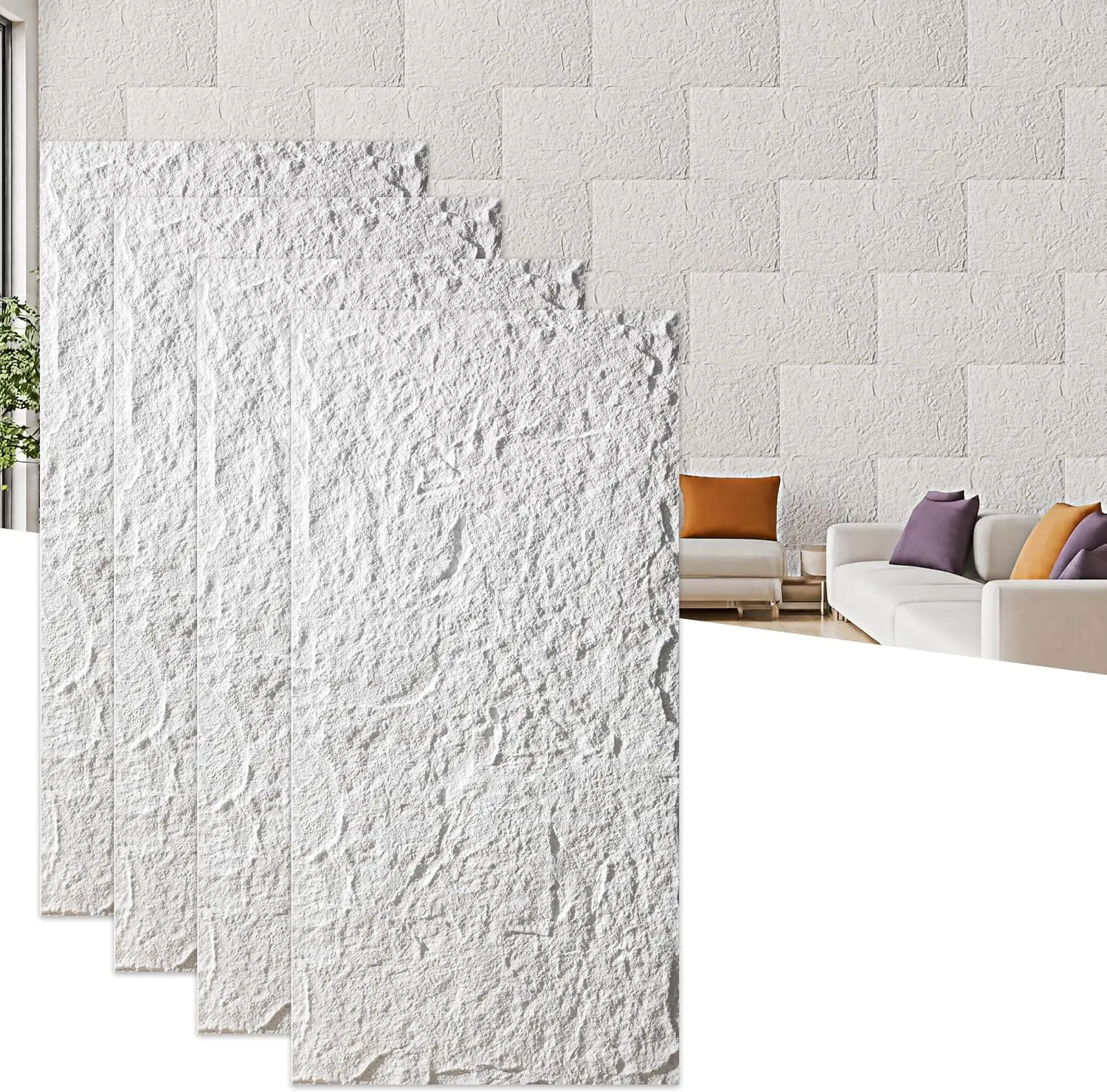 4PCS 3D Faux Stone Wall Panels, PU Decorative Wall Cladding 23.6" x 47.2", Realistic Cement Stone Texture, Lightweight Accent Wall Decor for Living Room, Bedroom, Office, Lightweight
