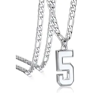 Sporty Jersey Number Necklace for Men, 316L Stainless Steel Pendant (0-9) with 22+2 Inch Figaro Chain, Athletic Gift for Players, Sporty Necklaces