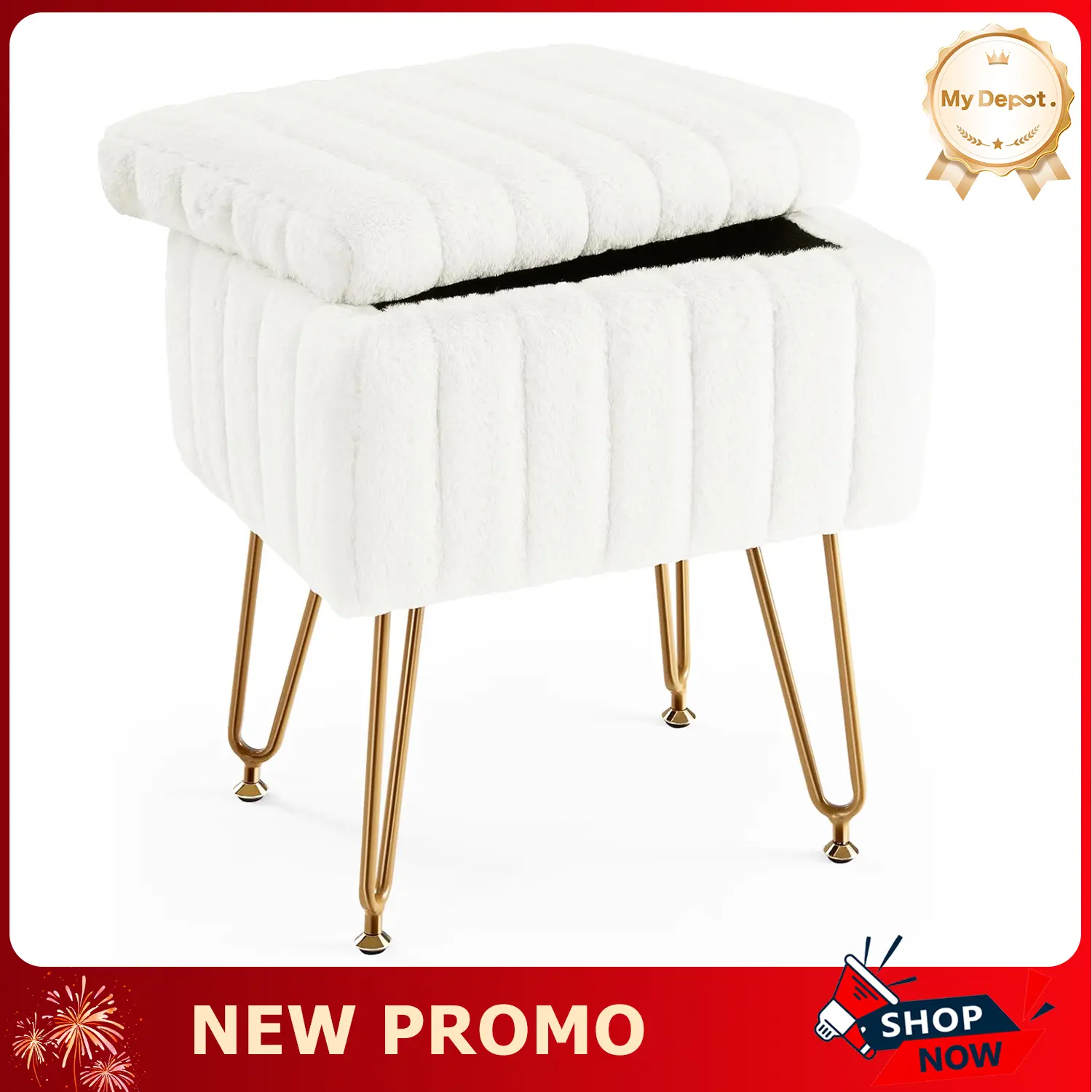 Vanity Stool Chair with Storage, Ottoman Faux Fur Soft Padded Makeup  Footstools Seat with 4 Metal Legs Anti-Slip Adjustable Feet Modern Cute  Small Footrest for Home Entryway Bedroom