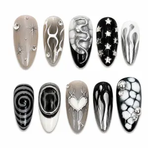 Unlock00 NOUVEAU NOIR GOTHIC - Almond Handmade Press On Nails | Easy To Apply, Long Lasting, High Quality