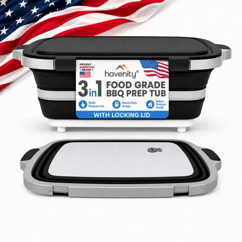 Havenity BBQ Prep Tub, Multifunctional Camping Cutting Board with lid, Meat Prep Tub for Meal Prep Marinating Food, Tailgate Container with Lid, Collapsible Food Storage Containers Gifts Boyfriend,Husband and Father BBQ Brisket Starter Kit (Black)) summer