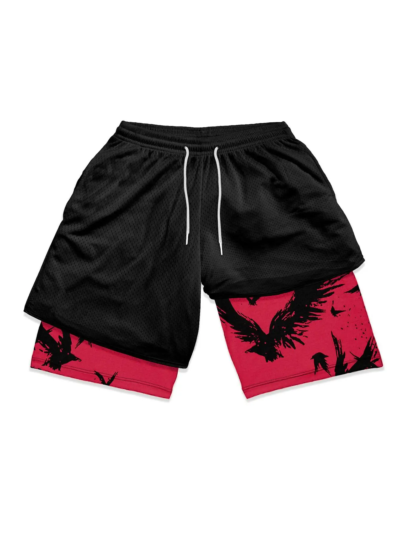 Men's Colorblock & Crow Print Drawstring Waist 2 In 1 Track Shorts, Regular Fit Casual Soft Comfy Straight Leg Shorts, Summer Clothes, Men's Bottoms