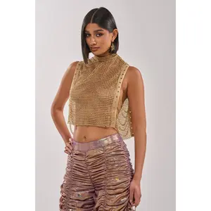 TEARS IN THE CLUB OPEN SIDES MOCK NECK RHINESTONE MESH BLOUSE