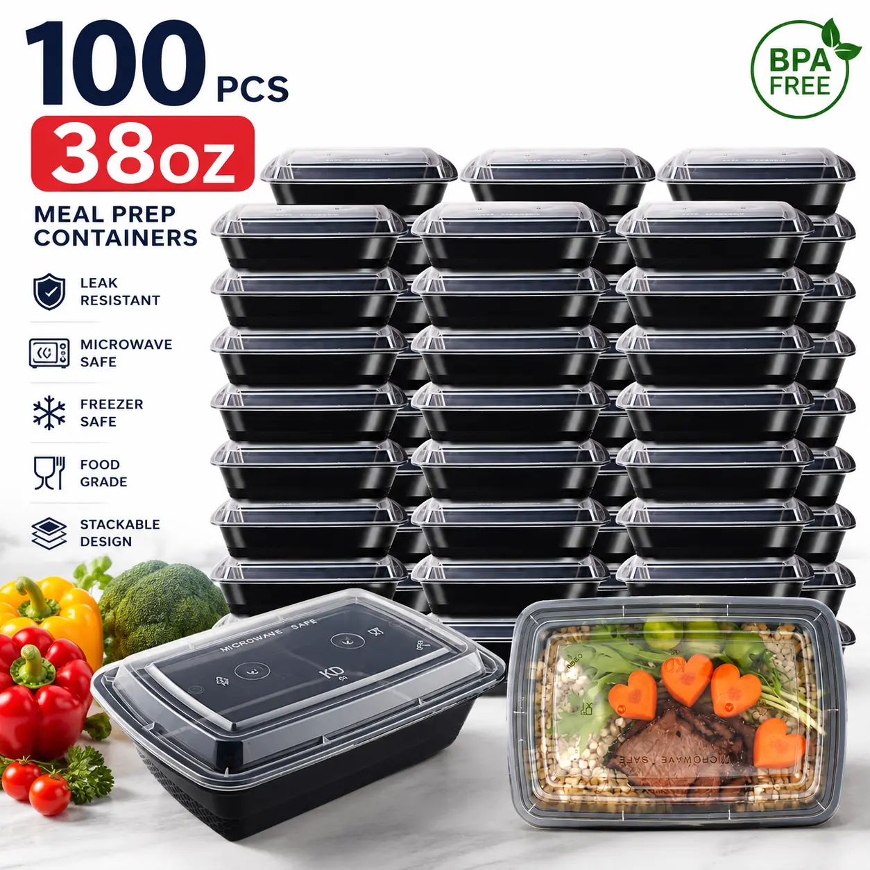 Plastic Disposable Black Rectangular Meal Prep Containers Set (100pcs/200pcs, 38oz) - Stackable, Leakproof Bento Boxes, Microwave/Dishwasher/Freezer Safe, Ideal for Takeout, Picnics (Home Supplies for Easter)
