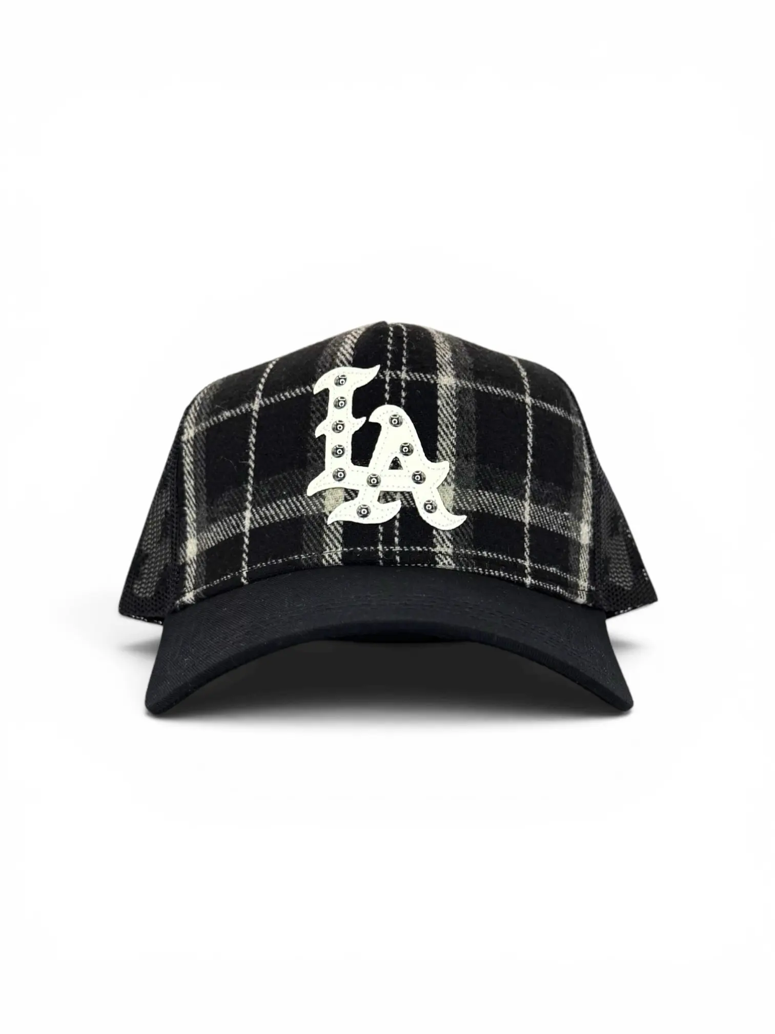 STUDDED LEATHER PATCH LA PLAID TRUCKER HAT w/SEUDE UNDER-BRIM CUSTOM SNAPBACK