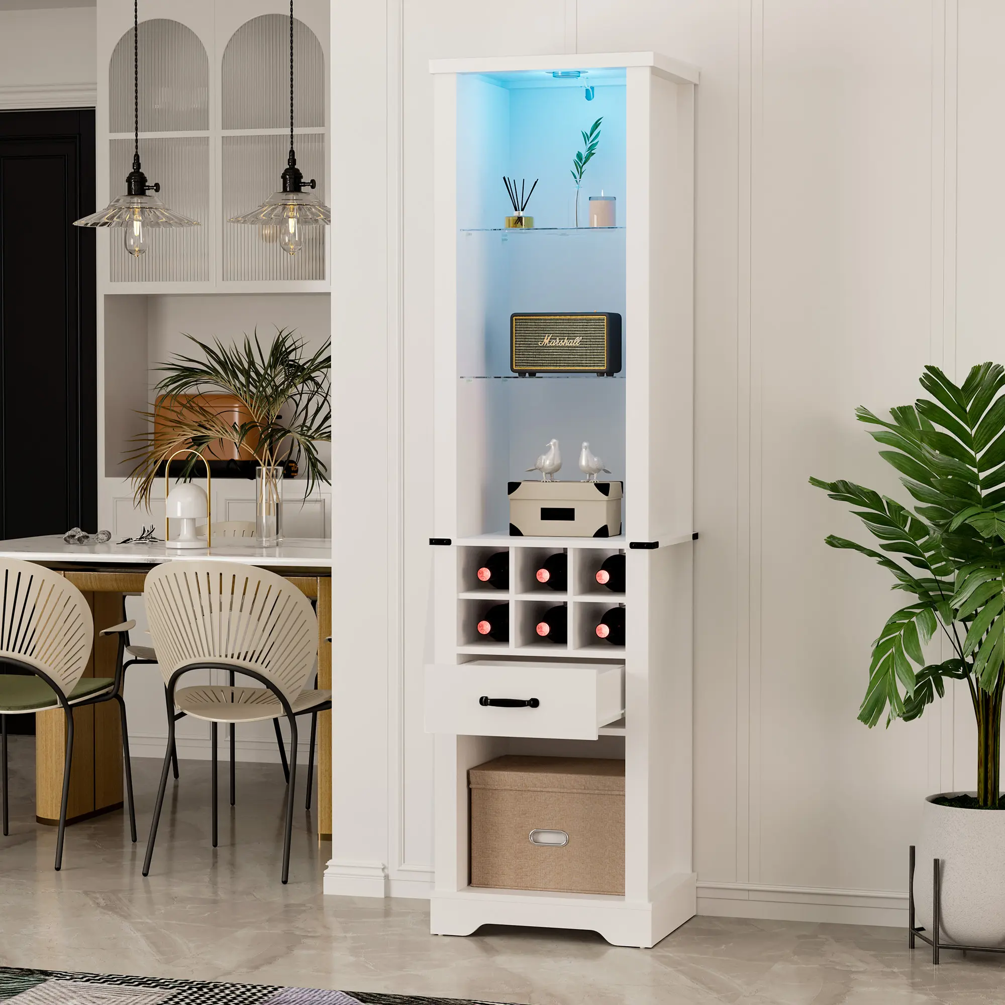 RoyalCraft L Modern Home Space Saving Furniture Buffet Sideboard with LED Light, Narrow Barn Door Cabinet with Transparent Tempered Glass Adjustable Shelves for Dining Room, Living Room