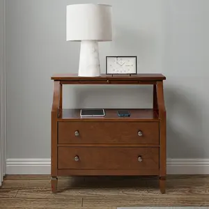 HULALA HOME Grace 2-Drawer End Table with Built-in Charging Station & USB Ports Pull-Out Tray Open Shelves Wood Nightstand Cable Management for Living Room Bedroom Stylish Functional Storage Solution