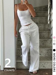 two-piece set women's solid crop tank top & wide leg pants, casual fashion cozy for daily outdoor wear, ladies clothes for summer, sleeveless womenswear, outfit sets women, yoga clothes set, matching clothing set