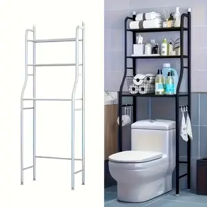 Multifunctional Three-Layer Toilet Storage Rack Durable Metal with Paper Roll Holder Hooks Space-Saving for Bathroom & Laundry Room Versatile Storage Solution