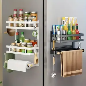 1PC Magnetic Side Mounted Kitchen Organizer Fridge Storage Rack with Hooks 2 3 Tier No Drill Home Multifunctional Utensil Holder Paper Towel Shelf