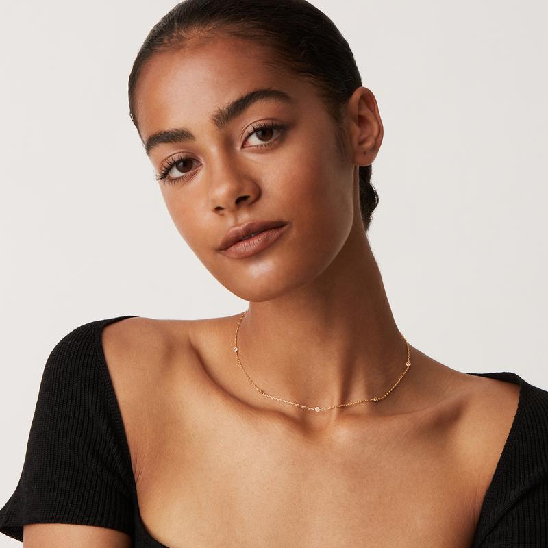 PAVOI 14K Gold Plated Station Necklace for Women - Dainty Choker Simulated Diamond Necklace - Lightweight Womens CZ Chain Necklace