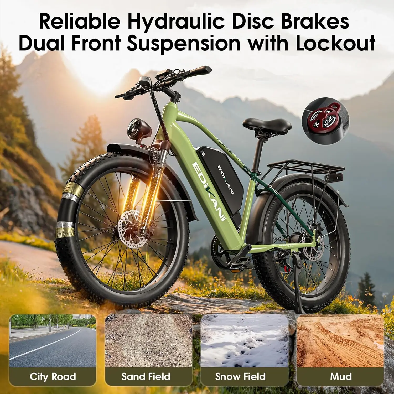 EDiKANi TOP-S80 All-Terrain E-Bike 3000W Peak Motor 52V 32Ah Battery 48 MPH Top Speed 130 Miles Range Hydraulic Disc Brake 7-Speed Gear LED Headlights IP67 Waterproof