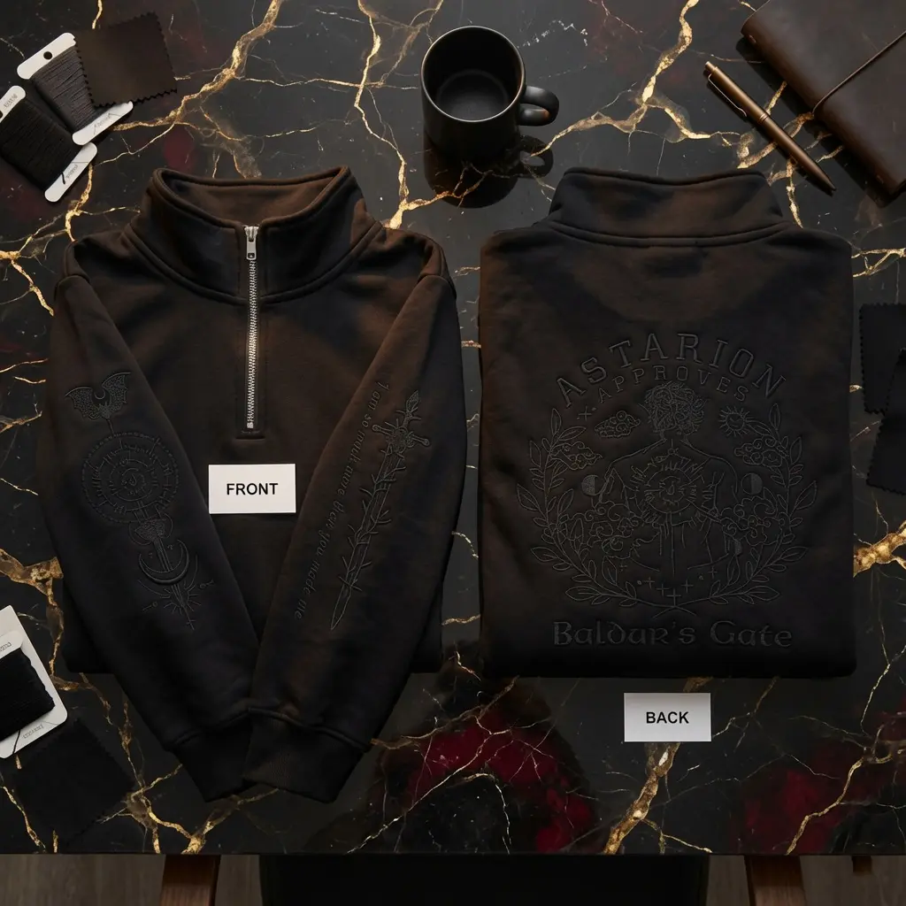 Baldur's Gate 3 Embroidered Quarter Zip Sweatshirt, Astarion Approves Design, BG3 Video Game Fan Gift for Gamers