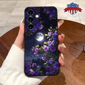 Compatible with Galaxy S24 Plus S25 S23 S22 Ultra S22+ Phone Case Purple Night Flower Moon Pattern Camera Lens Protection Ultra Slim Back Cover Gift for Girl