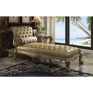 Acme Furniture Dresden II Gold Patina Finish Wood Faux Leather Chaise Lounger 96489 - Luxurious Living Room Sofa with Tufted Back & Intricate Carved Wood Design