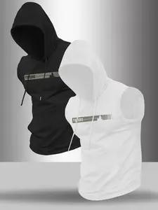 Men's 2-Pack Letter Pattern Print Hooded Sleeveless T-Shirt, Casual Comfortable Hoodie Vest, Summer Outdoor Fitness Wear