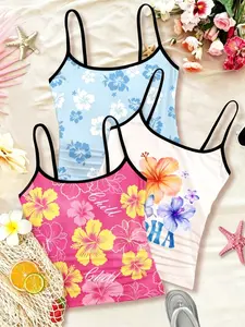 3-Pack Hawaiian Style Crop Top Set, Blue Floral Prints, Fitted Design, Summer Casual Wear, Perfect for Beach & Vacation