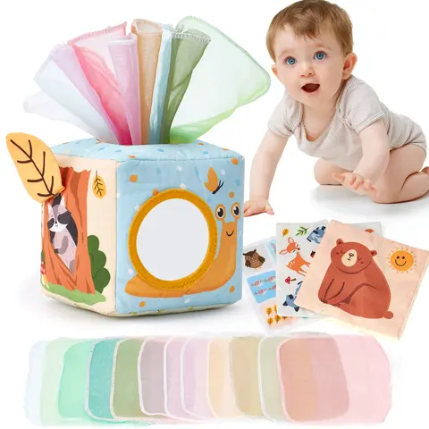 Hahaland Unisex Baby Tissue Set Toy with Silk Scarf Stuffers - 6-18 Months Sensory Pulling Play, Montessori Early Education Toys, Math Learning Blocks with Early Math Cues, Animals & Nature Themed, 9 Month Old/1 Year Old Christmas Gift Item